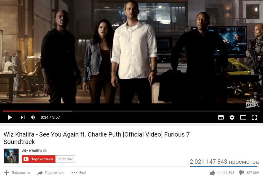 Посвящённый Полу Уокеру клип стал вторым роликом на YouTube, набравшим два миллиарда просмотров